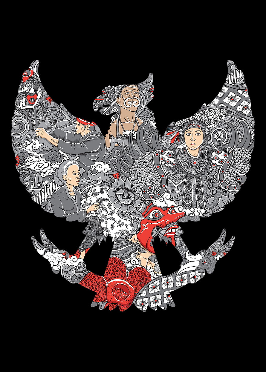 Indonesian Cultural Figures and Mythical Creatures in Garuda Silhouette Illustration HD phone wallpaper