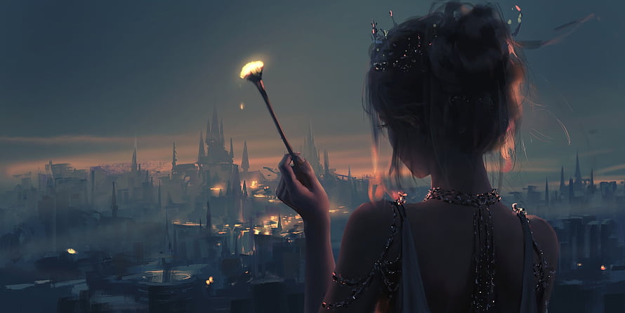 Wlop Fantasy Artwork of a Silhouetted Woman Holding a Torch Over a Misty City at Dusk, Light, night, frumusete, wlop, art, fantasy, girl, silhouette, luminos HD wallpaper