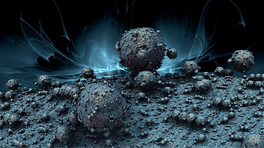 Dark Cosmic Landscape With Glowing Blue Energy And Textured Spheres HD wallpaper