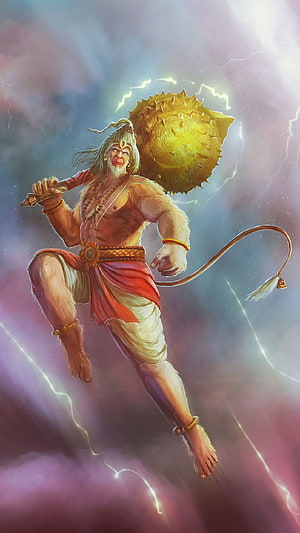 Hanuman Flying Through Stormy Clouds With Golden Mace And Lightning, Hanuman, Shree Hanuman, Pawan Putra, Bajrangbali HD phone wallpaper