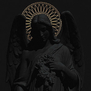 Dark Angel Statue with Golden Geometric Halo and Floral Wreath HD phone wallpaper
