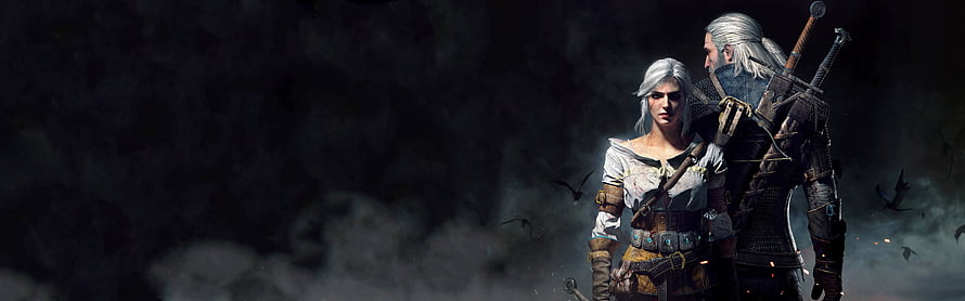 Geralt and Ciri from The Witcher 3 standing together in a dark, smoky landscape with crows in flight HD wallpaper