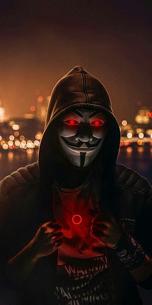 Anonymous Hacker Mask With Glowing Red Eyes In Dark Hoodie HD phone wallpaper