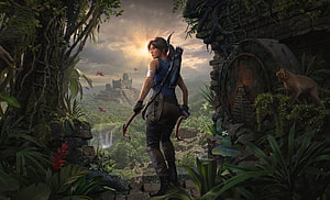 Lara Croft in Shadow of the Tomb Raider Standing in a Lush Jungle Ruin HD wallpaper