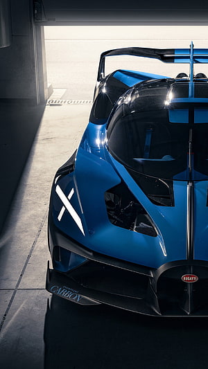 Blue Bugatti Bolide Hypercar Front View in Garage with Carbon Fiber Details HD phone wallpaper