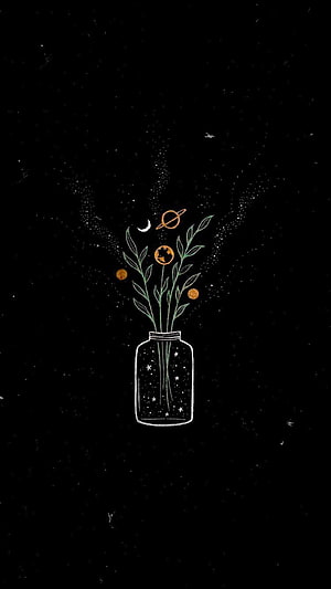 Minimalist celestial botanical illustration with planets and stars in a glass jar on a black background HD phone wallpaper