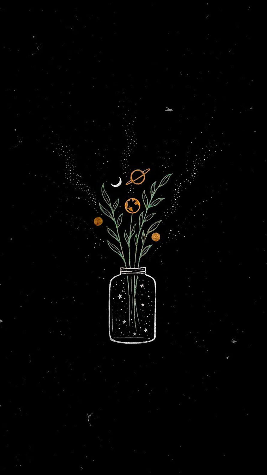 Minimalist celestial botanical illustration with planets and stars in a glass jar on a black background HD phone wallpaper