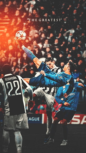 Cristiano Ronaldo performing a spectacular bicycle kick in a Real Madrid blue jersey during a football match HD phone wallpaper
