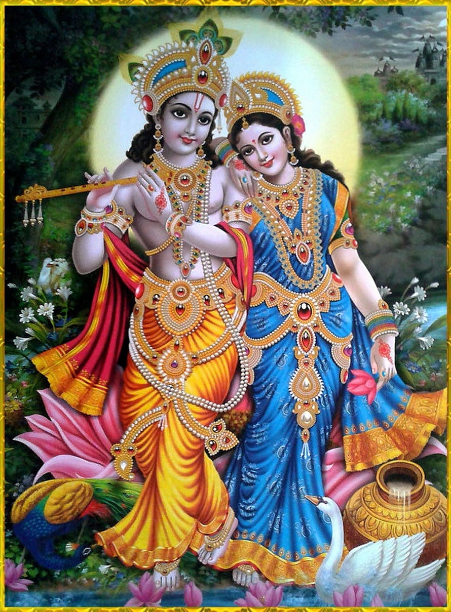 Radha Krishna Divine Couple Artwork with Peacock and Swan HD phone wallpaper