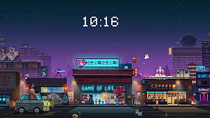 Pixel Art Cyberpunk City Street at Night with Neon Signs and Game of Life Shop HD wallpaper
