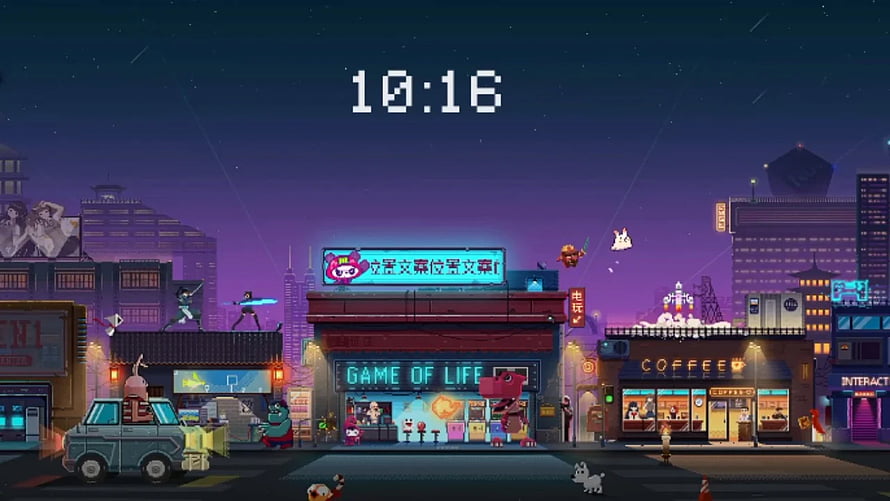 Pixel Art Cyberpunk City Street at Night with Neon Signs and Game of Life Shop HD wallpaper