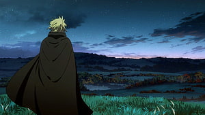 Thorfinn from Vinland Saga Standing in a Misty Field Under a Starry Night Sky HD wallpaper
