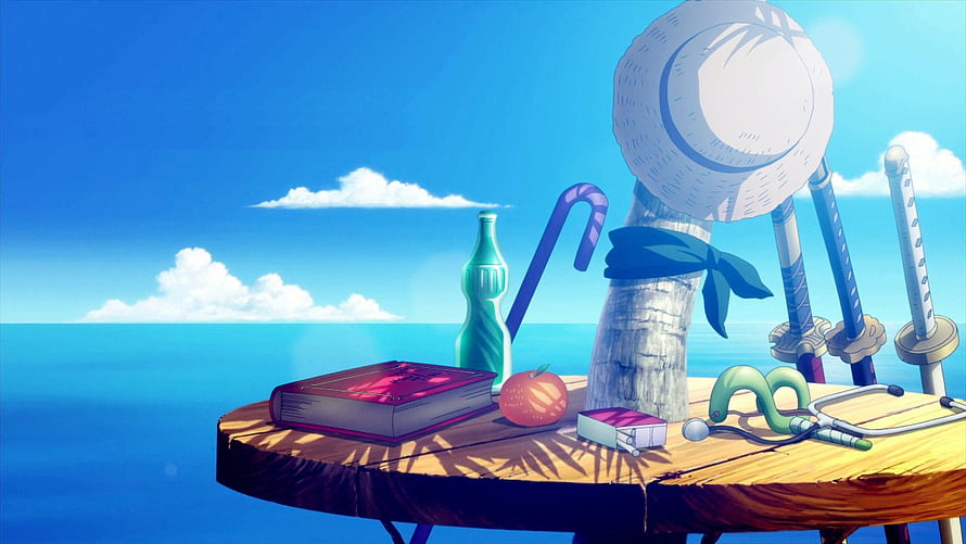One Piece Straw Hat Luffy Anime Wallpaper with Swords and Ocean View HD wallpaper