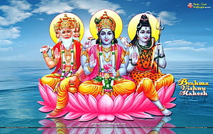 Brahma Vishnu Shiva Triad Seated on Lotus Over Ocean HD wallpaper