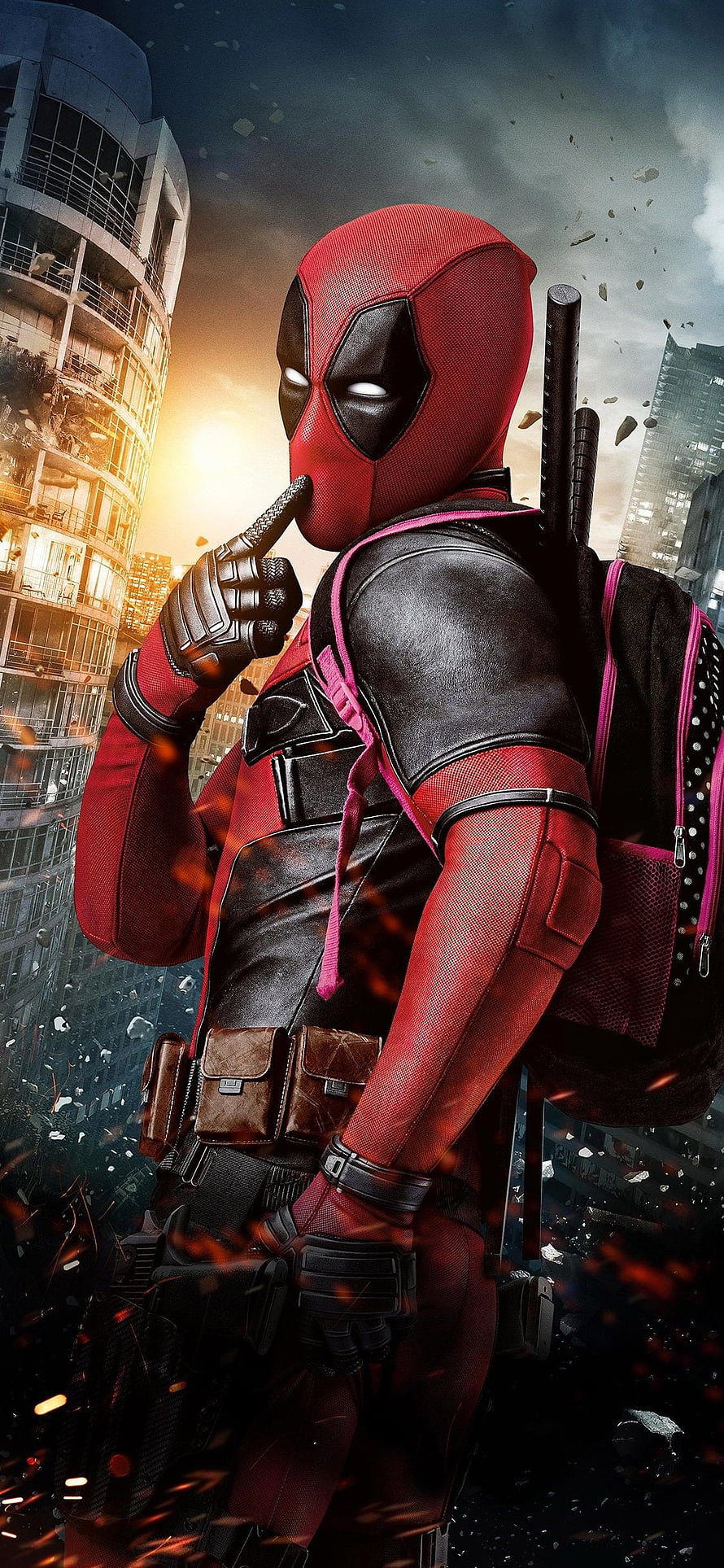 Deadpool in Red and Black Suit with Pink Backpack in Destroyed City HD phone wallpaper