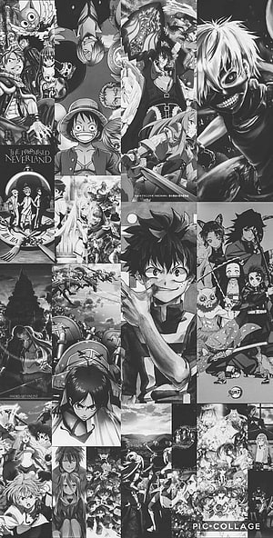 Monochrome Anime Manga Collage Featuring One Piece, Demon Slayer, and Attack on Titan HD phone wallpaper