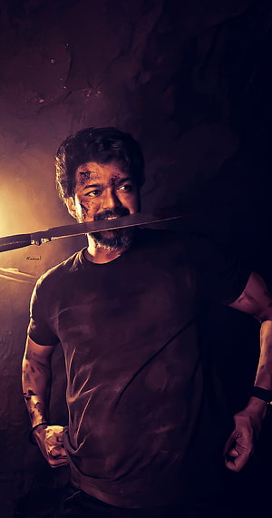 Thalapathy Vijay as Beast in Veera with knife held in mouth HD phone wallpaper