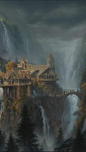 Rivendell Elven Fortress Perched on Misty Cliffs with Waterfalls and Arched Bridge HD phone wallpaper