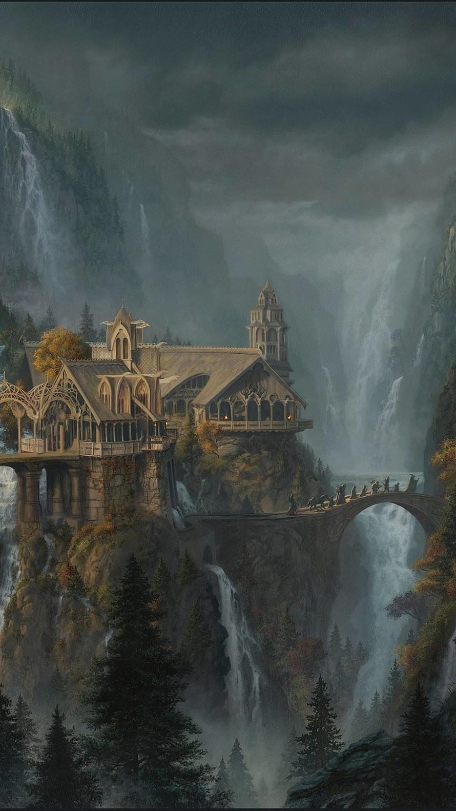 Rivendell Elven Fortress Perched on Misty Cliffs with Waterfalls and Arched Bridge HD phone wallpaper