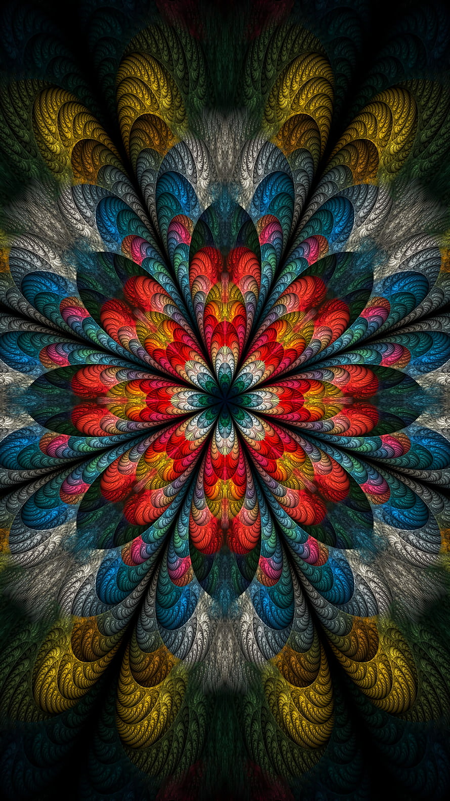 Vibrant Multicolored Fractal Flower Mandala with Intricate Petal Patterns HD phone wallpaper