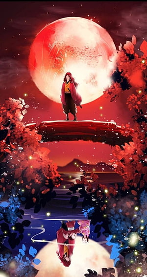 Yoriichi from Demon Slayer Standing on a Bridge Under a Giant Red Moon HD phone wallpaper