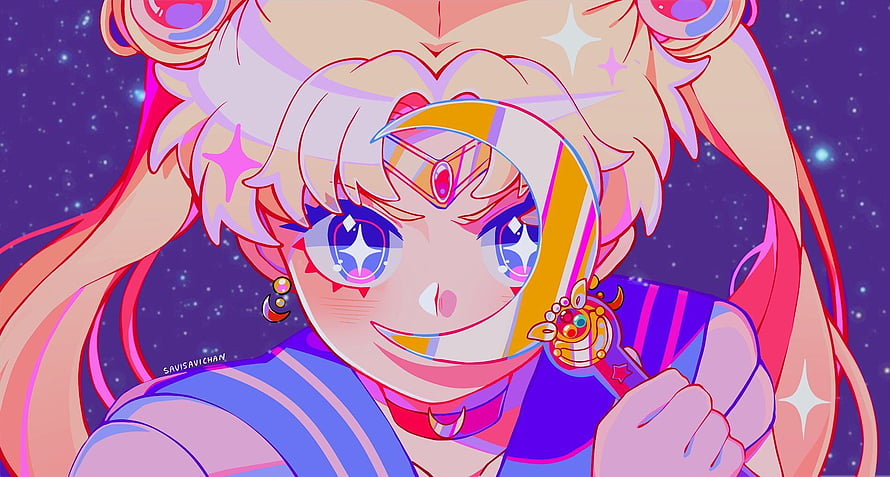 Sailor Moon Kawaii Anime Character with Crescent Moon Tiara and Starry Background HD wallpaper