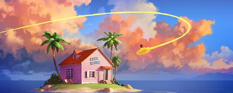 Kame House on a Tropical Island with a Flying Character and Sunset Sky HD wallpaper