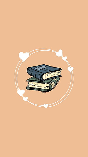 Hand-drawn stack of books inside a heart-adorned circle on a warm peach background HD phone wallpaper