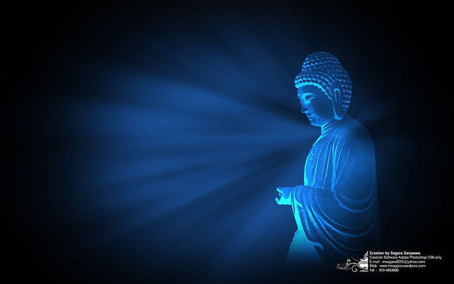Glowing Blue Buddha Statue in Profile with Radiant Light Rays on Dark Background HD wallpaper