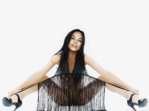 Kristin Kreuk in Black Lace Dress and High Heels on White Background HD wallpaper