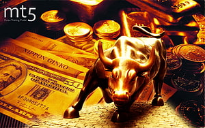 Golden Bull Statue on Currency and Gold Bars Symbolizing Forex Trading Success HD wallpaper
