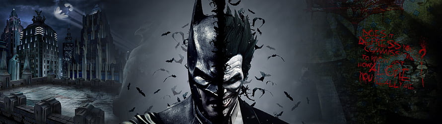 Batman and Joker Split Face Artwork with Gotham City Skyline and Bats, Dual Monitor, 3840X1080 DBZ HD wallpaper