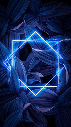 Blue Neon Geometric Star Over Dark Tropical Leaves HD phone wallpaper