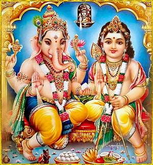 Ganesha and Lakshmi Sitting Together in Traditional Indian Art Style HD phone wallpaper