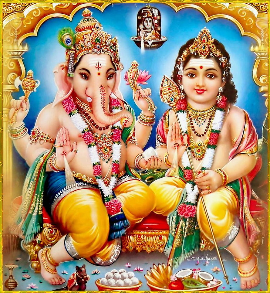 Ganesha and Lakshmi Sitting Together in Traditional Indian Art Style HD phone wallpaper