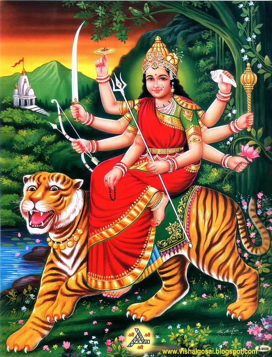 Goddess Durga Riding a Tiger in a Vibrant Indian Mythological Painting HD phone wallpaper