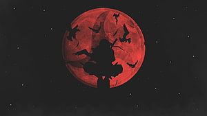 Silhouette of a Samurai Warrior Standing Before a Giant Red Moon with Crows HD wallpaper
