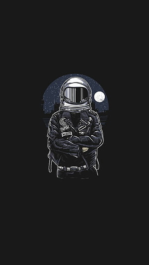 Monochrome Astronaut in Leather Jacket with Crossed Arms Against Starry Night Sky HD phone wallpaper