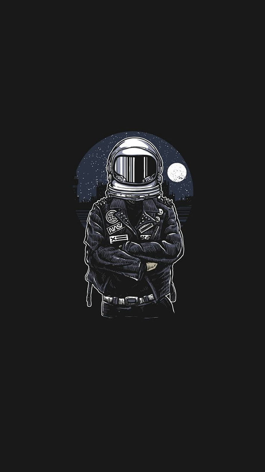 Monochrome Astronaut in Leather Jacket with Crossed Arms Against Starry Night Sky HD phone wallpaper