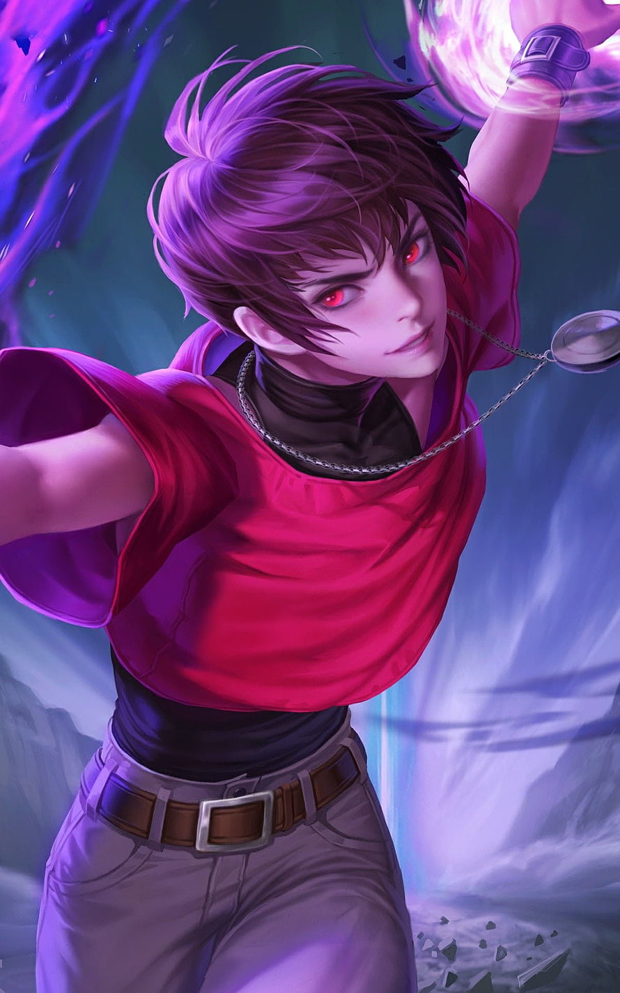 Young male anime character with red eyes and purple hair casting a magical spell in a dynamic action pose HD phone wallpaper