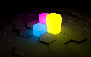 Glowing Neon Hexagonal Blocks on a Dark 3D Honeycomb Surface HD wallpaper