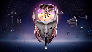 Chamber from Valorant standing before a shattered mask with a glowing core in a dark sci-fi void HD wallpaper