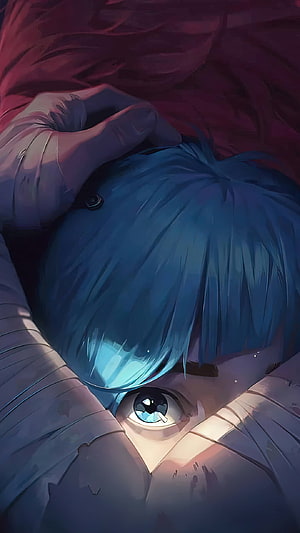 Blue-haired anime character with bandages and a single visible eye in a dramatic close-up HD phone wallpaper