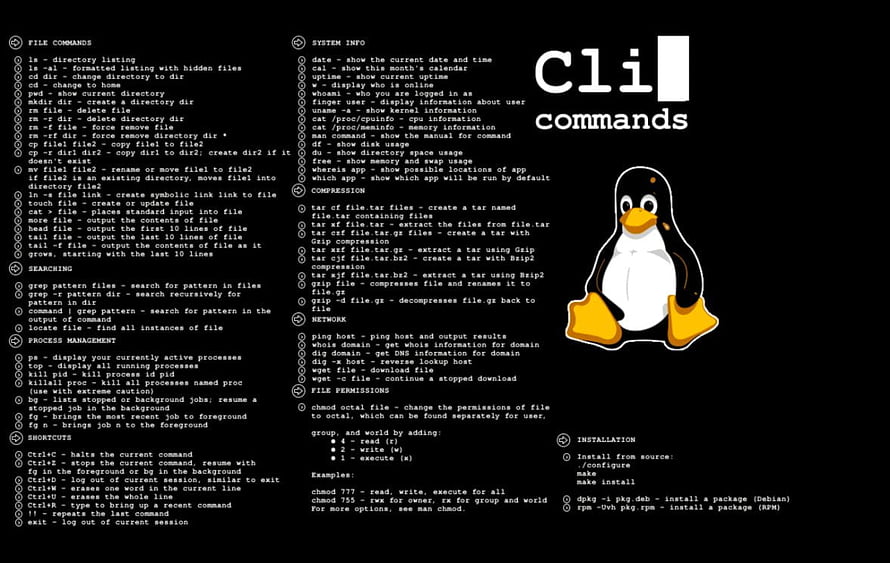 Linux Command Line Reference Guide with Tux Mascot and Terminal Cheat Sheet HD wallpaper