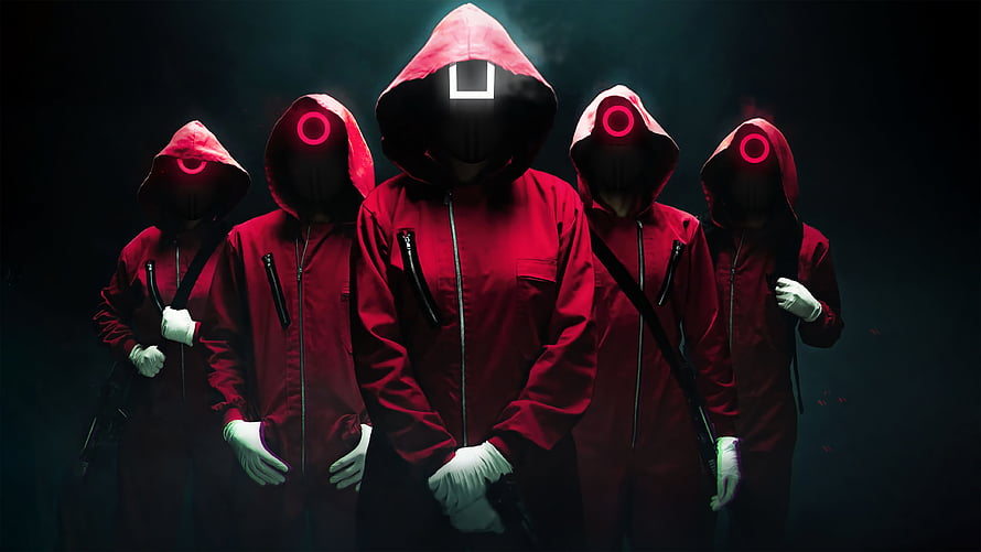 Squid Game Guards in Red Suits and Black Masks with Glowing Symbols HD wallpaper