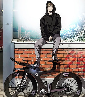 Young man in black hoodie sitting on brick wall with Cervelo bicycle, Windbreaker ideas. windbreaker, webtoon, manhwa manga, Jay Jo HD phone wallpaper