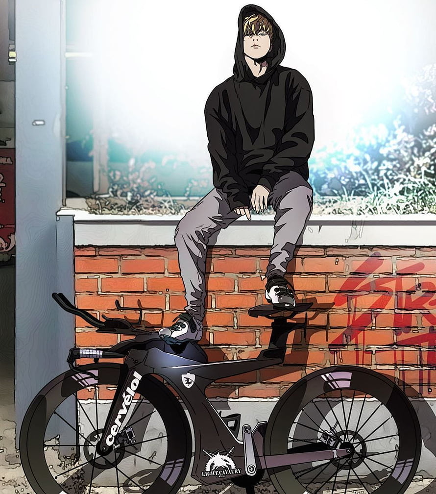 Young man in black hoodie sitting on brick wall with Cervelo bicycle, Windbreaker ideas. windbreaker, webtoon, manhwa manga, Jay Jo HD phone wallpaper