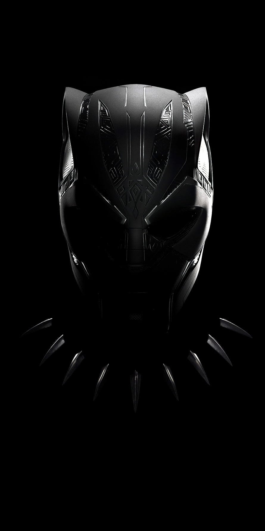 Black Panther Mask Close-Up with Tribal Patterns and Spiked Collar on Black Background HD phone wallpaper