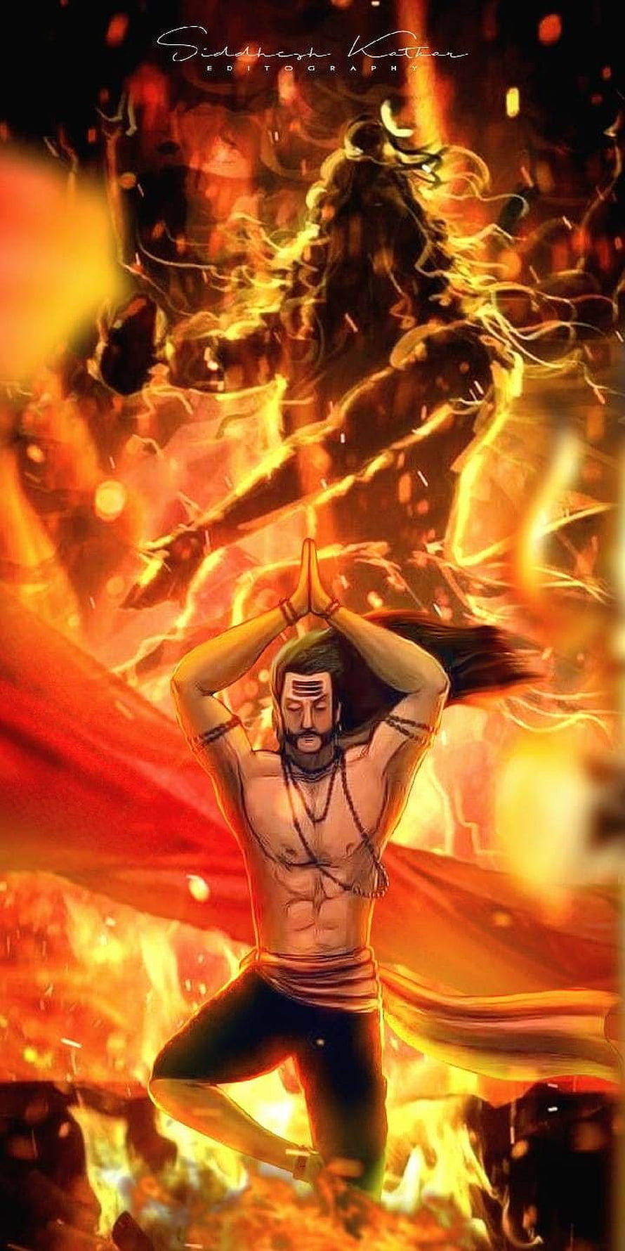 Lord Shiva in Meditation with Ravana Silhouette in Fiery Digital Art HD phone wallpaper