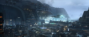 Futuristic Sci-Fi Cityscape with Hovering Spaceship and Industrial Architecture HD wallpaper